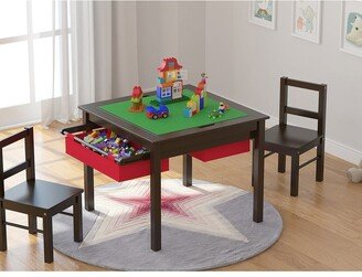 2 in 1 Kids Activity Lego Table Set with Storage, Kids Table with 2 Chairs, Espresso with Red Drawer