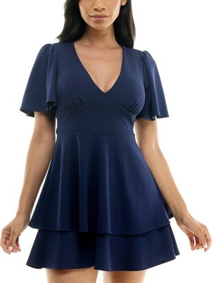 Juniors' V-Neck Flutter-Sleeve Ruffle Dress