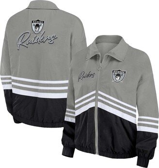 Women's Wear by Erin Andrews Silver Distressed Las Vegas Raiders Vintage-Like Throwback Windbreaker Full-Zip Jacket