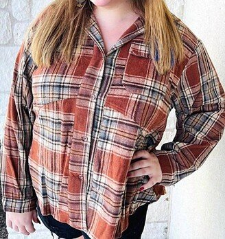 Umgee Button Down Shacket In Brown Plaid