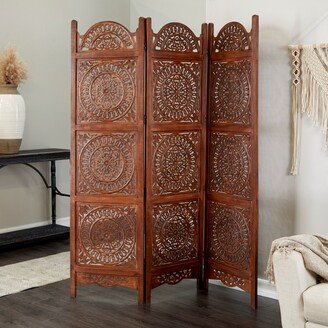 Studio 350 Brown Wood Hinged Foldable Partition 3 Panel Floral Room Divider Screen with Intricately Carved Designs