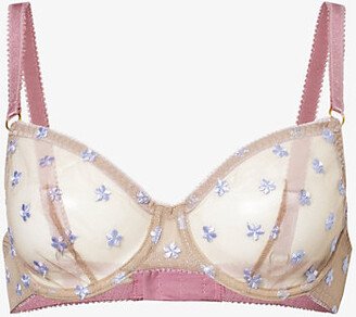 Womens Nude Clover Floral-embroidered Stretch Recycled-nylon bra