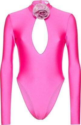 Stretch shiny jersey bodysuit w/ flower