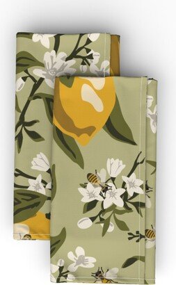 Cloth Napkins: Bees And Lemons - Green Cloth Napkin, Longleaf Sateen Grand, Green