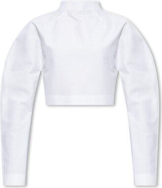 Cropped Top With Standing Collar - White