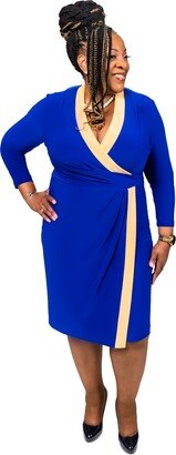 Colorblocked Faux-Wrap Sheath Dress - Gold/Royal Blue