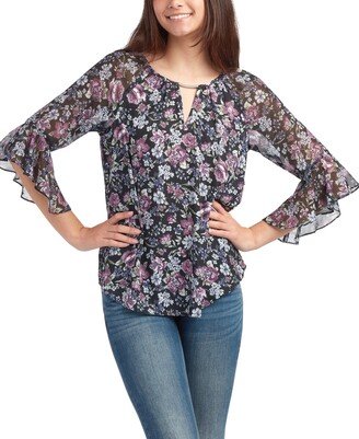 Juniors' Cutout Ruffle-Sleeve Top