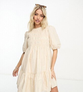 ASOS DESIGN Maternity cotton shirred mini smock dress with puff sleeve in cream