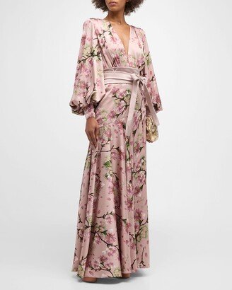 Carmen Sakura-Print Bishop-Sleeve Gown