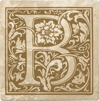 Set of 4 Ivory and Harvest Gold Alphabet B Square Monogram Coasters 4