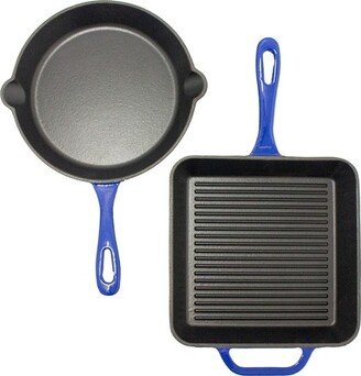 2Pc Enamel Cast Iron Cookware Set, 10 Fry Pan & Grill Pan, Blue