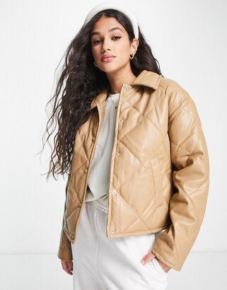 faux leather quilted jacket in beige