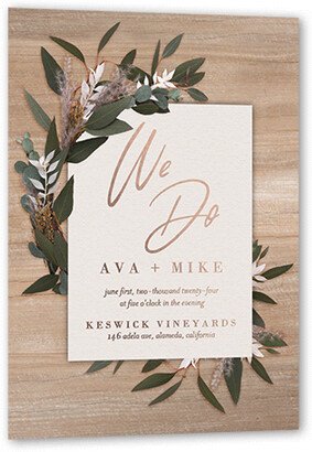 Wedding Invitations: Rustic Foliage Wedding Invitation, Rose Gold Foil, Beige, 5X7, Matte, Personalized Foil Cardstock, Square