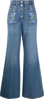 Flower-Embroidered High-Rise Wide-Leg Jeans