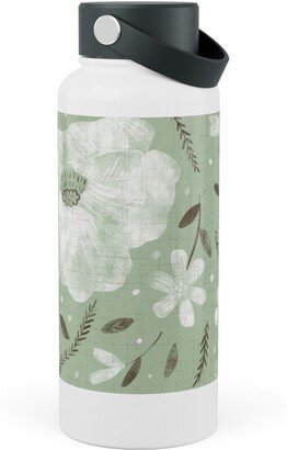 Photo Water Bottles: Charlotte Floral - Sage Stainless Steel Wide Mouth Water Bottle, 30Oz, Wide Mouth, Green