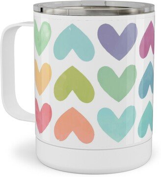 Travel Mugs: Rainbow Hearts - Multi Stainless Steel Mug, 10Oz, Multicolor