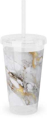 Travel Mugs: Gilded Marble - Gray Acrylic Tumbler With Straw, 16Oz, Gray