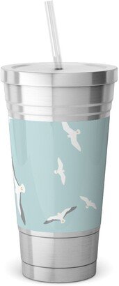 Travel Mugs: Flying Seagulls - Blue Stainless Tumbler With Straw, 18Oz, Blue