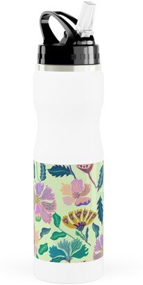 Photo Water Bottles: Indian Florals - Light Green Stainless Steel Water Bottle With Straw, 25Oz, With Straw, Multicolor