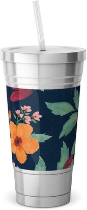 Travel Mugs: Watercolor Autumn Florals - Navy Stainless Tumbler With Straw, 18Oz, Multicolor