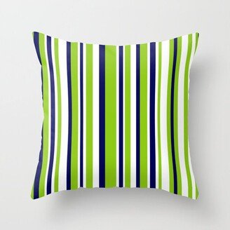 Lime Green Bright Navy Blue and White Vertical Stripes Pattern Throw Pillow