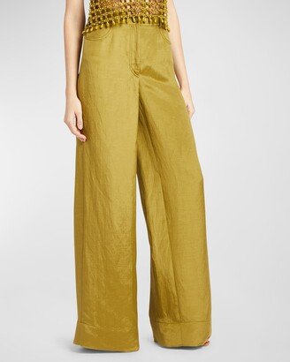 High-Rise Wide-Leg Linen-Blend Trousers