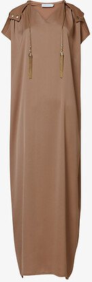 Leem Womens Caramel Hooded V-neck Woven Midi Dress