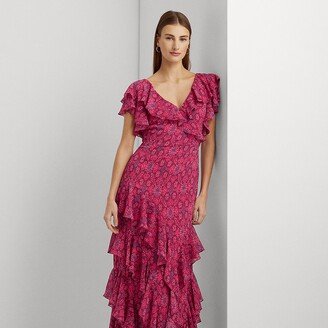 Ralph Lauren Geo-Print Ruffle-Trim Georgette Gown