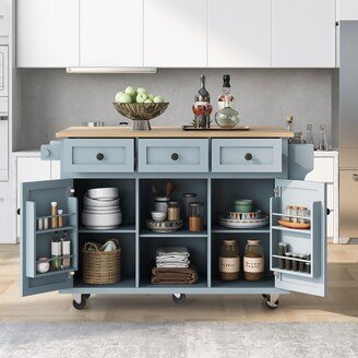 HOMEBAY Kitchen Cart with Drop-Leaf Rubberwood Countertop, Cabinet Storage & 5 Wheels