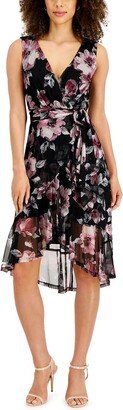 Petites Womens Floral Print Surplice Wrap Dress