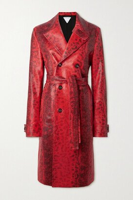 Double-breasted Belted Printed Snake-effect Leather Trench Coat - Red