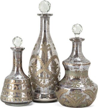 9, 11, 14 Inch Set of 3 Glass Decanters, Floral Etchings, Silver - 35 H x 21 W x 16.5 L Inches