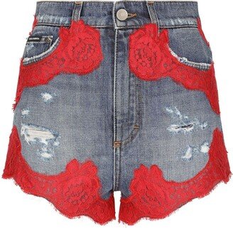 Floral-Lace Denim Shorts