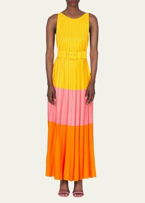 Colorblock Pleated Knit Maxi Dress with Tie Belt