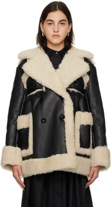 Black & Off-White Paneled Faux-Shearling Jacket-AA