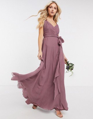 Bridesmaid cami maxi dress with ruched bodice and tie waist in dusty mauve