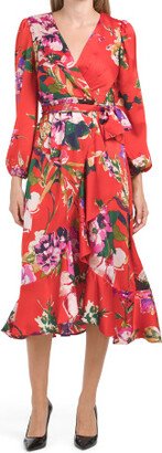 Long Sleeve Satin Floral Wrap Midi Dress for Women