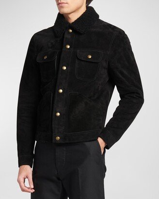 Men's Shearling Collar Leather Trucker Jacket