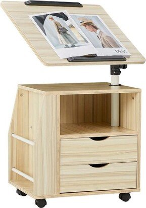 EROMMY 360 Degree Swivel Top Adjustable Height Bedside Nightstand End Table with Storage Drawers, Shelves, Lockable Wheels, & Computer Baffle, Natural