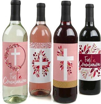 Big Dot of Happiness First Communion Pink Elegant Cross - Girl Religious Party Decorations for Women and Men - Wine Bottle Label Stickers - Set of 4