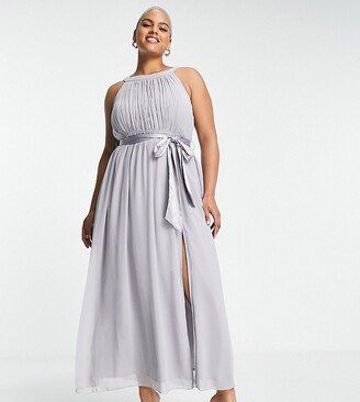 Little Mistress Plus Lilttle Mistress Plus Bridesmaid open shoulder maxi dress in gray blue