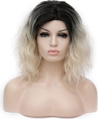 Unique Bargains Curly Wig Wigs for Women 14 Black Gradient White with Wig Cap