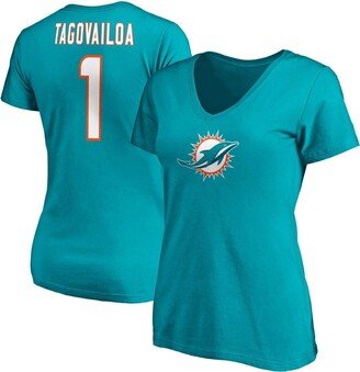 Women's Branded Tua Tagovailoa Aqua Miami Dolphins Player Icon Name and Number V-Neck T-shirt