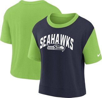 Women's Neon Green, College Navy Seattle Seahawks High Hip Fashion T-shirt - Neon Green, College Navy