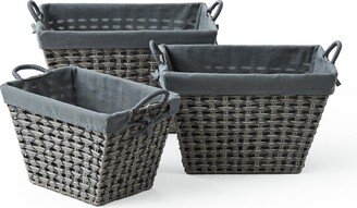 3 Piece Tapered Rectangular Storage Set in Open Weave with Ear Handles and Overlap Lift-Off Liner