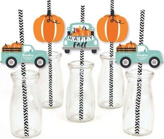Big Dot of Happiness Happy Fall Truck - Paper Straw Decor - Harvest Pumpkin Party Striped Decorative Straws - Set of 24