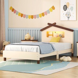 Aoolive Twin Size Wood Platform Bed with House-shaped Headboard and Motion Activated Night Lights, Funny Kid's Bed Frame