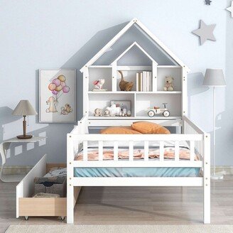 BEYONDHOME House-Shaped Headboard Bed with Fence Guardrails and Drawers