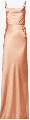 Six Stories Womens Burnt Peach Cowl-neck Flared-hem Satin Maxi Dress