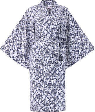 Kate Austin Designs Lena Organic Cotton Lounge Kimono Robe With Obi Belt Tie And Hidden Sleeve Pockets In Navy And White Koi Block Print